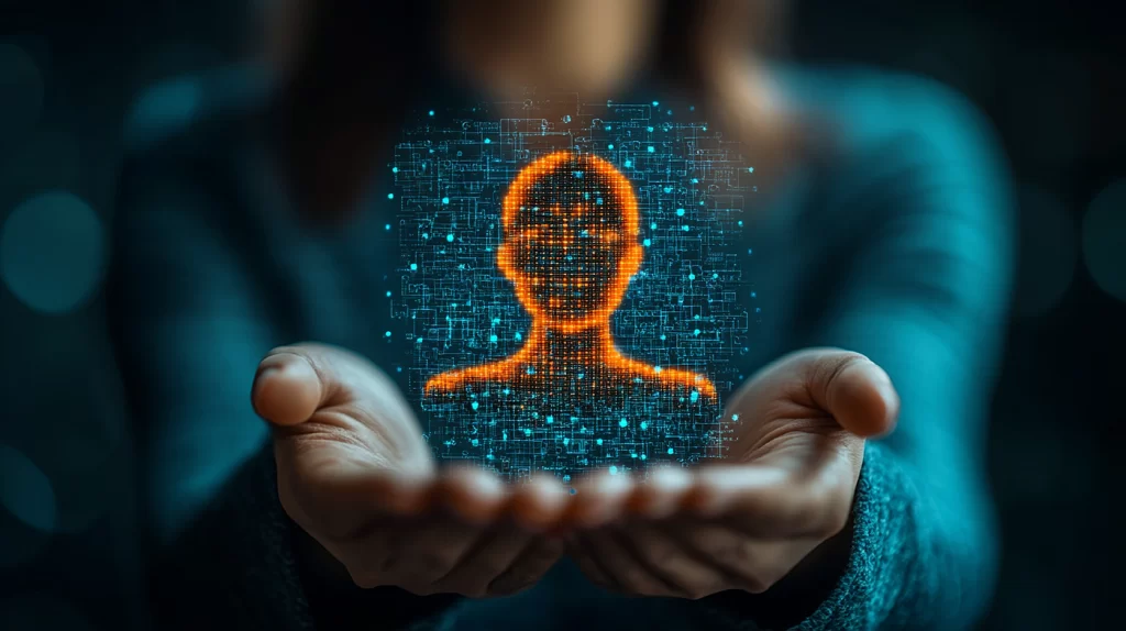 reprezentare digitala a bustului unui om realizat din biti si date