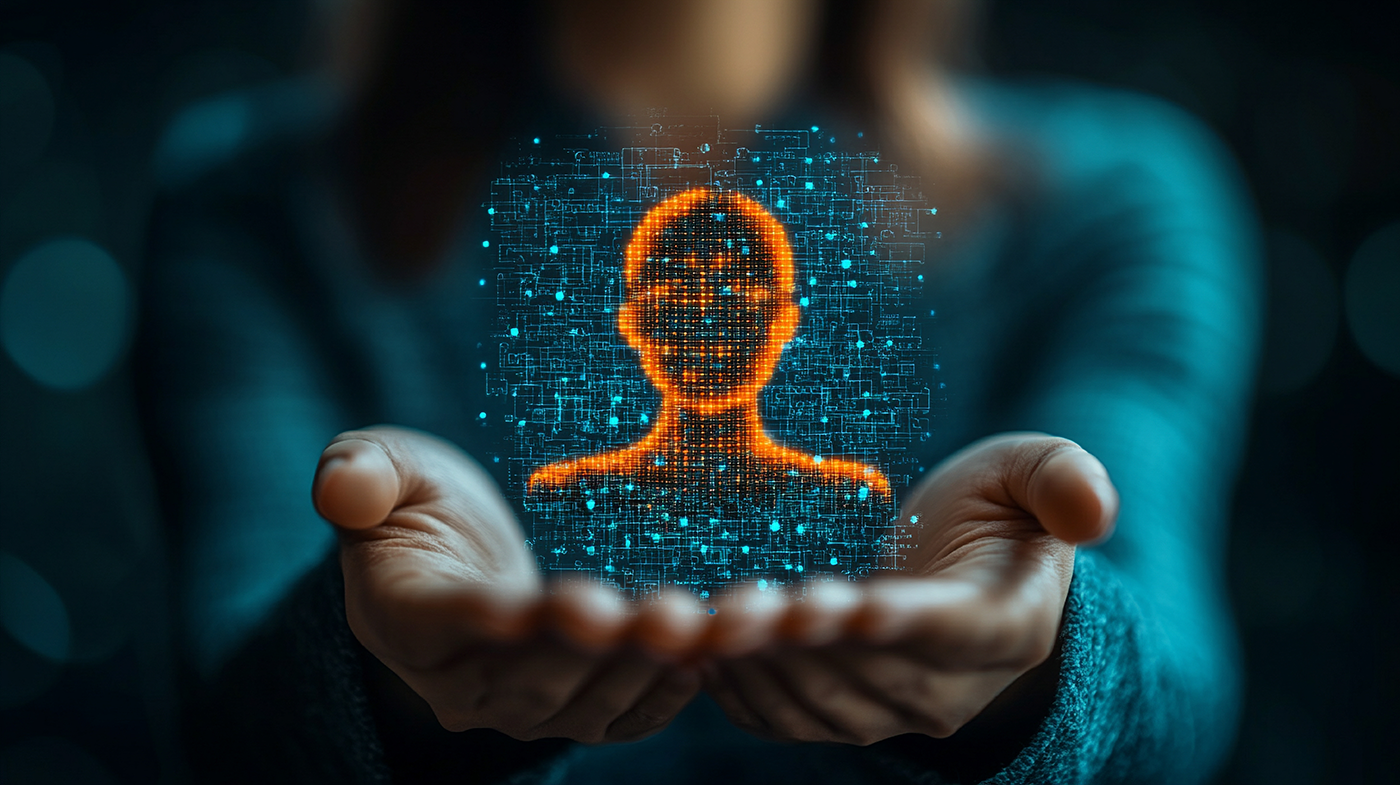 reprezentare digitala a bustului unui om realizat din biti si date