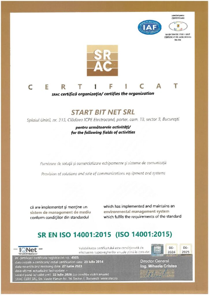 Certificare ISO 14001 obtinuta de Start Bit