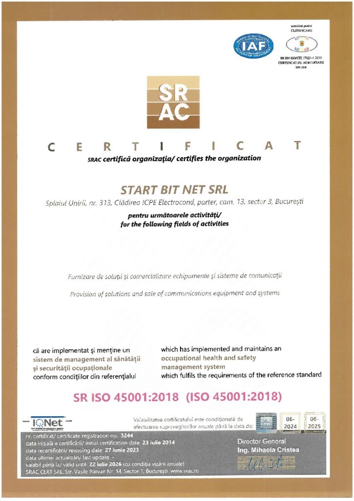 Certificare ISO 45001 obtinuta de Start Bit