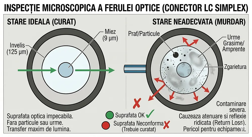 Diagrama comparativa a inspectiei microscopice a ferulei conectorului LC curat fata de cel murdar, cu descrieri in limba romana (fara diacritice)