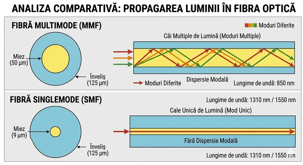 Analiza comparativa fibra optica singlemode vs multimode (SM vs MM) - module optice transcievere