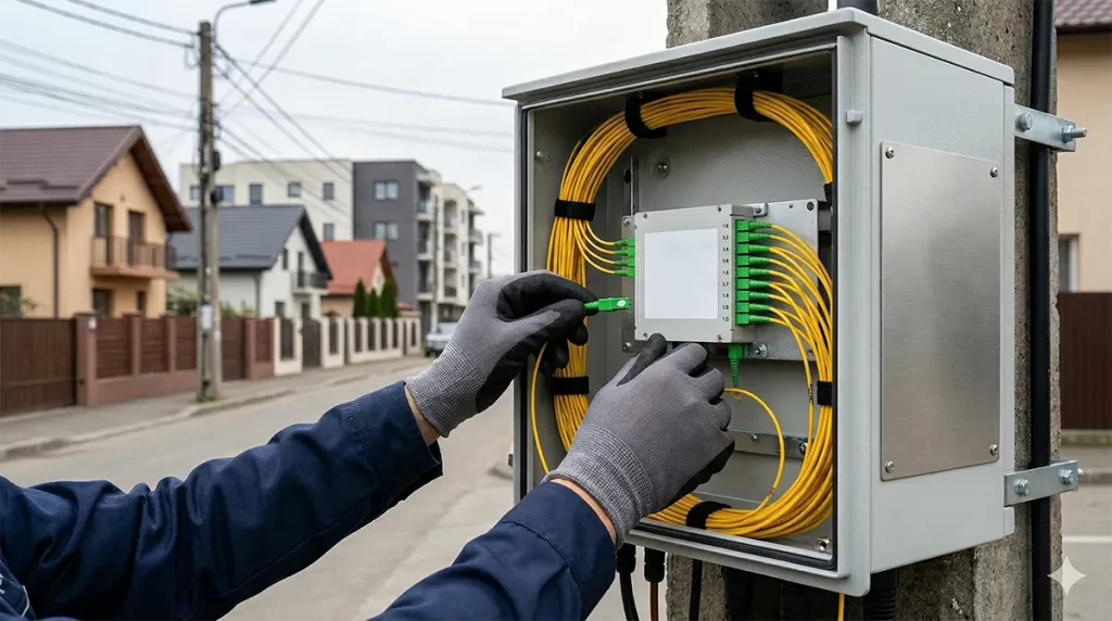 Tehnician telecomunicații conectând o fibră optică într-un splitter pasiv PLC, parte din arhitectura rețelelor GPON exterioare