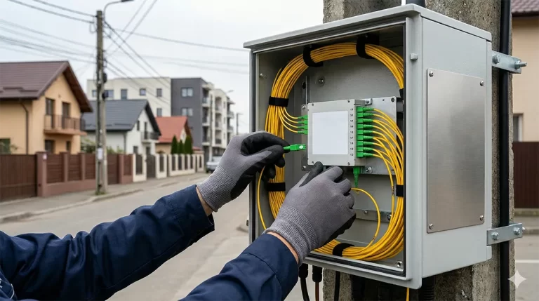 Tehnician telecomunicații conectând o fibră optică într-un splitter pasiv PLC, parte din arhitectura rețelelor GPON exterioare
