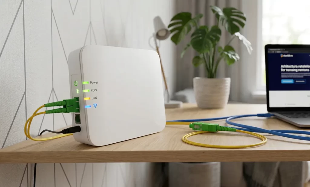 Close-up tehnic cu un ONT de fibră optică activ, arătând conexiunea galbenă SC/APC și cablul Ethernet blue LAN