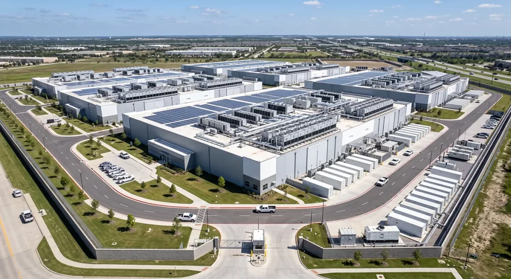 fotografie aeriana a unui campus modern si foarte mare de data center. cladiri industriale cu arhitectura curata, avand acoperisuri plate echipate partial cu panouri solare si module mari de racire (HVAC, chillere si turnuri de racire)