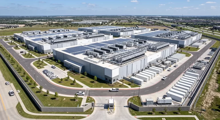 fotografie aeriana a unui campus modern si foarte mare de data center. cladiri industriale cu arhitectura curata, avand acoperisuri plate echipate partial cu panouri solare si module mari de racire (HVAC, chillere si turnuri de racire)