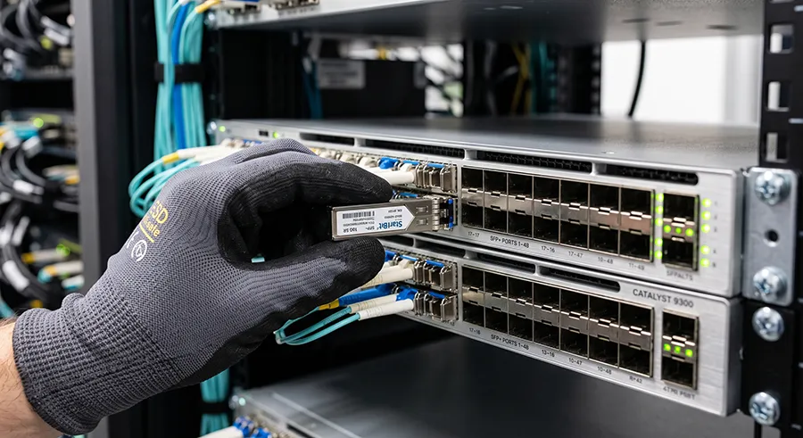 Tehnician demonstrand cum alegi modulul optic potrivit pentru instalarea intr-un switch core