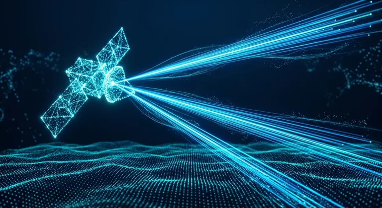 satelit digital din particule cyan si albastre ce emite fascicule laser optice pentru transmisie de date de mare viteza