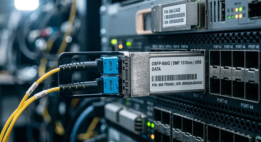 modul optic 800G OSFP cu radiator metalic si cabluri de fibra optica MPO conectate la un switch in data center