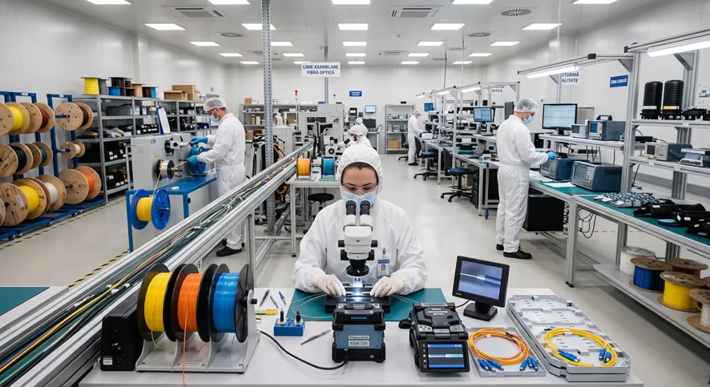 interiorul unei fabrici din China in care se produc echipamente pentru fibra optica, sectunea patchcord. un lucrator calbreaza un produs sau ii verifica calitatea cu ajutorul unui echipament de precizie
