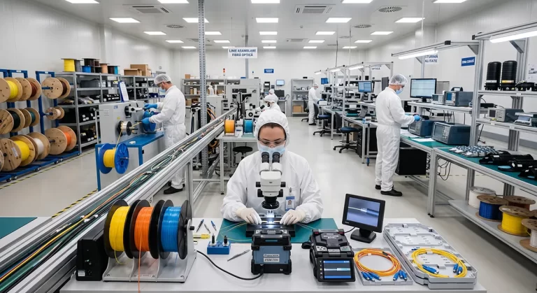 interiorul unei fabrici din China in care se produc echipamente pentru fibra optica, sectunea patchcord. un lucrator calbreaza un produs sau ii verifica calitatea cu ajutorul unui echipament de precizie