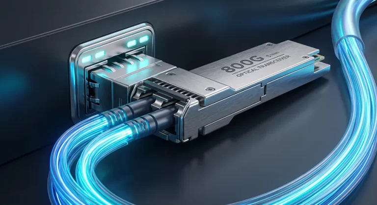 Fotografie macro detaliata cu un transceiver optic 800G si conectori de fibra optica luminati, conectati la un switch de retea, reprezentand hardware-ul fizic pentru infrastructura de retea AI.