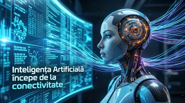 Bust de robot AI privind spre un flux informational de mare viteza transmis prin fibra optica