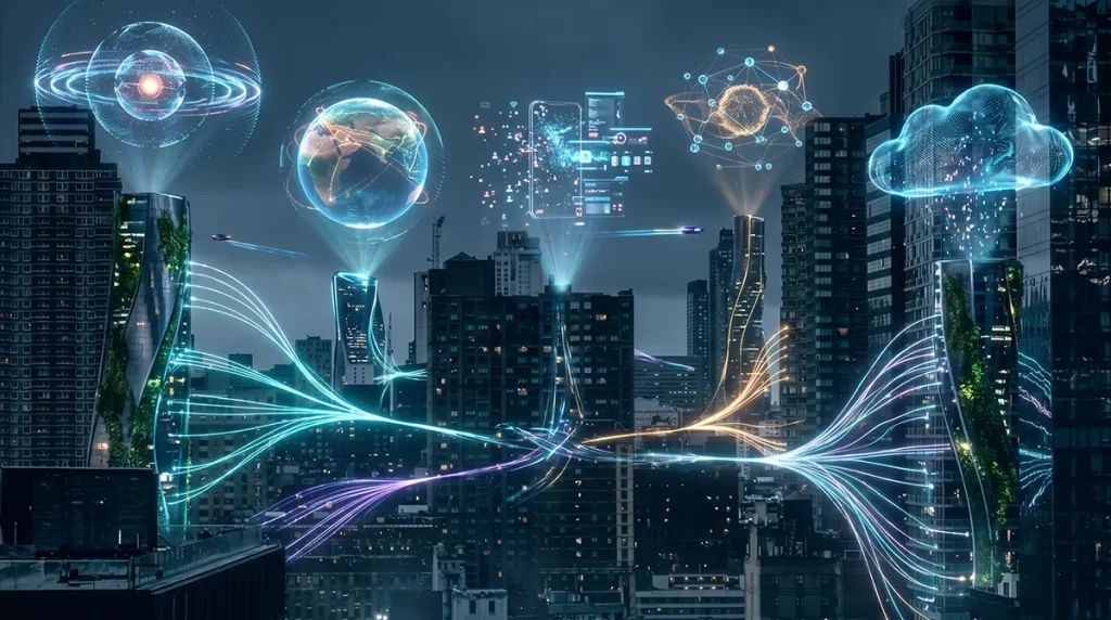 Peisaj urban futurist la amurg, ilustrand un oras inteligent interconectat prin fluxuri luminoase de date. Deasupra zgarie-norilor plutesc holograme 3D masive (un glob pamantesc, un nor digital, retele complexe), reprezentand tehnologia viitorului, cloud computing-ul si conectivitatea globala.