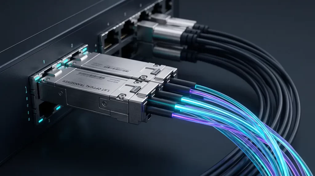 Fotografie macro cu un modul transceiver optic 1.6T conectat la un switch si fibre optice iluminate activ in cyan si violet, reprezentand hardware-ul de mare viteza pentru infrastructura de retea AI.